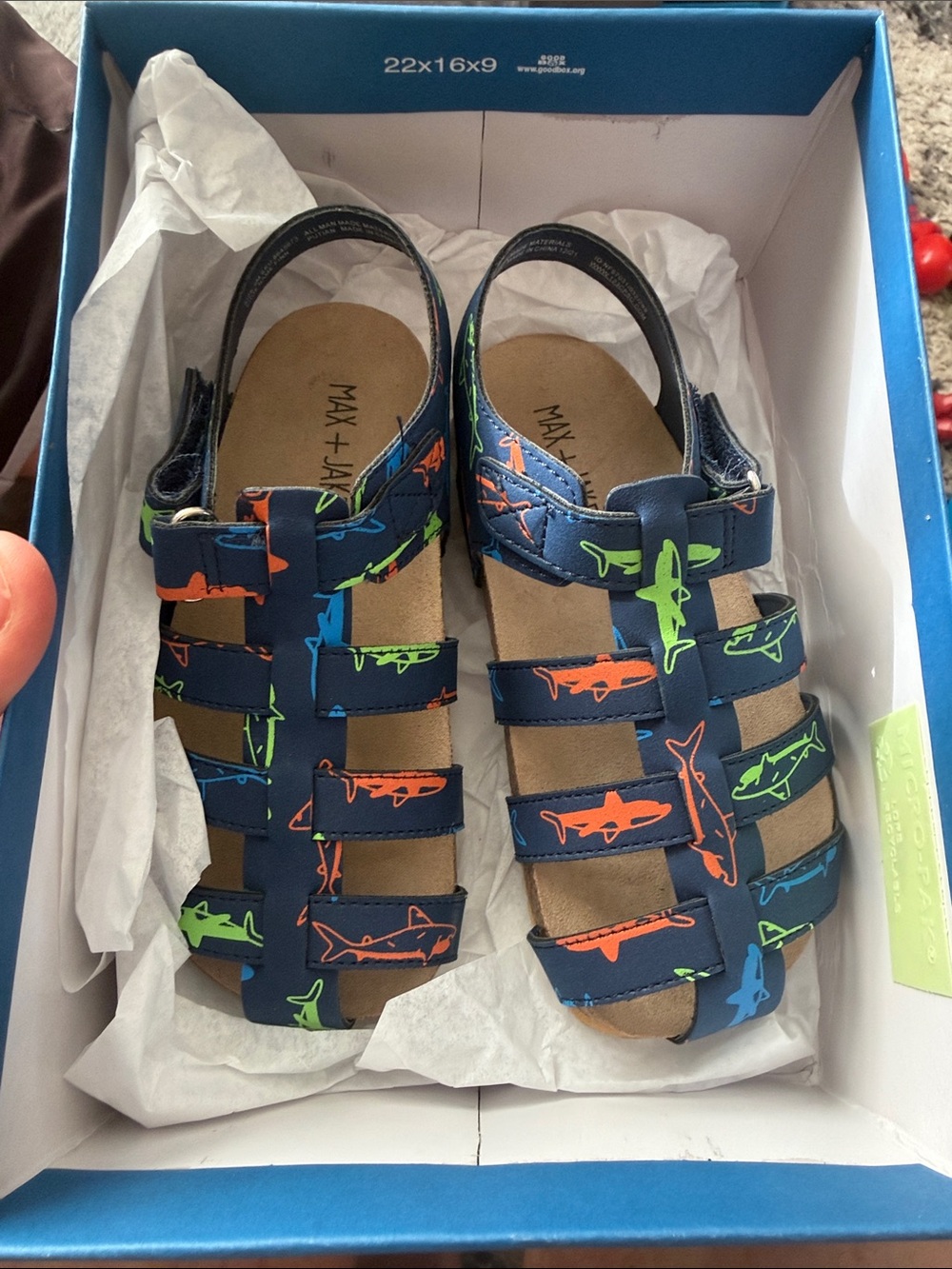 Max + Jana Navy Shark Print Kids Sandals - Adjustable Straps